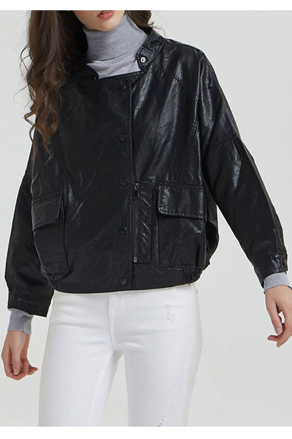 Women Comfortable Stand Collar Snap Button Closure Fascinating Loose Fit Winter Leather Jacket