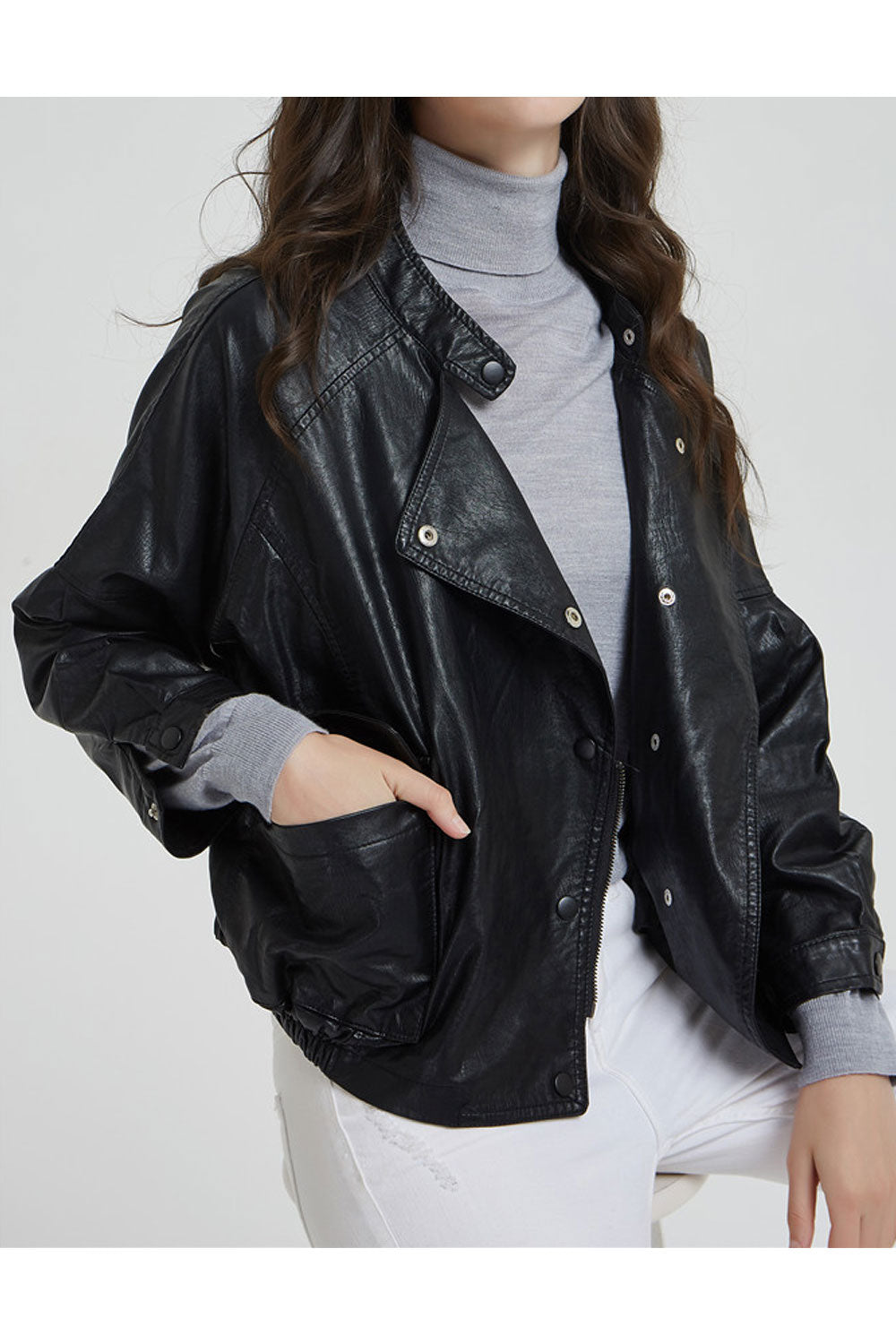 Women Comfortable Stand Collar Snap Button Closure Fascinating Loose Fit Winter Leather Jacket