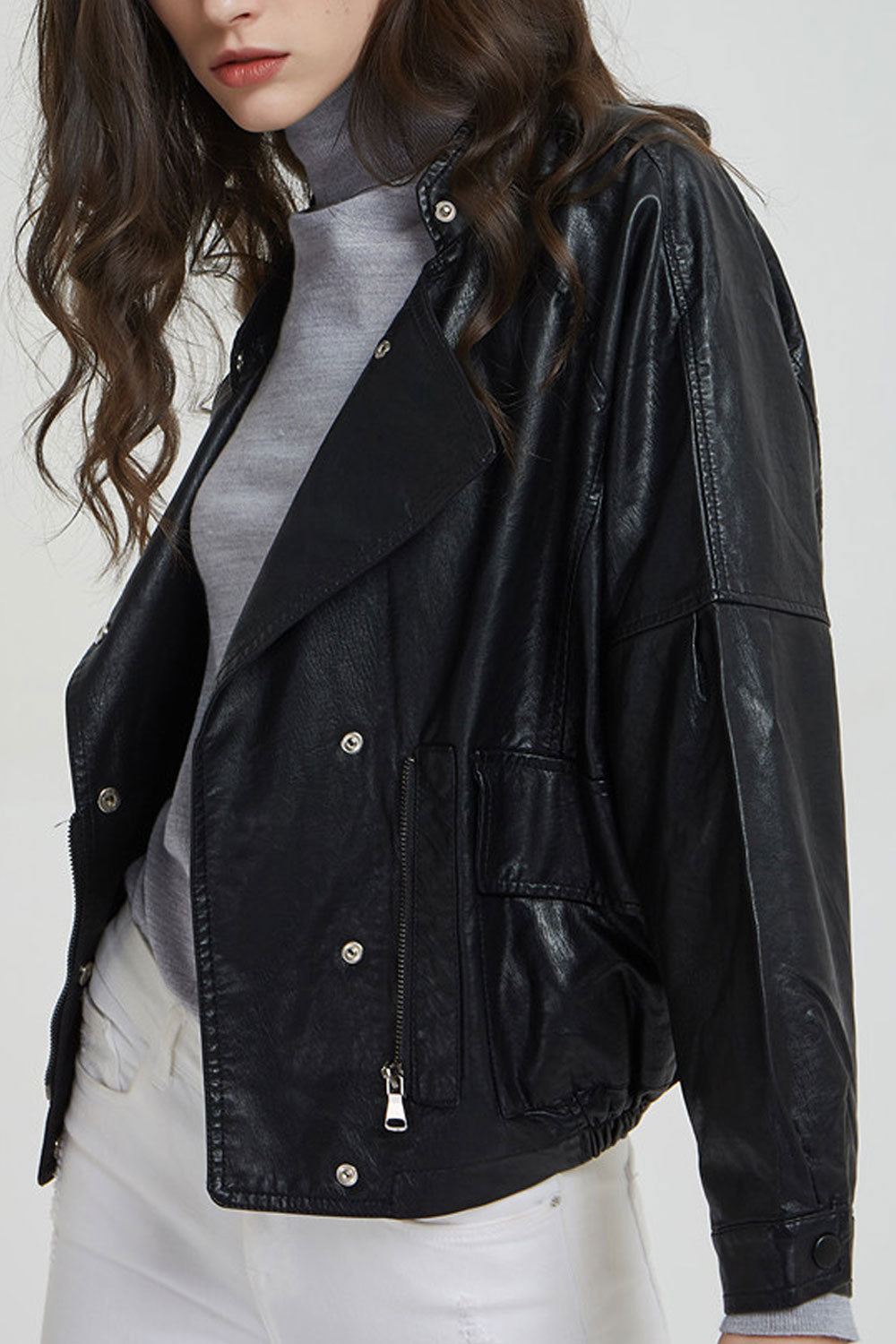 Women Comfortable Stand Collar Snap Button Closure Fascinating Loose Fit Winter Leather Jacket