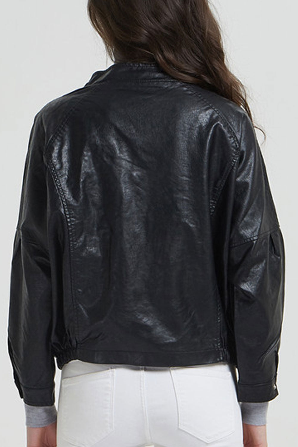 Women Comfortable Stand Collar Snap Button Closure Fascinating Loose Fit Winter Leather Jacket
