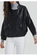 Women Comfortable Stand Collar Snap Button Closure Fascinating Loose Fit Winter Leather Jacket