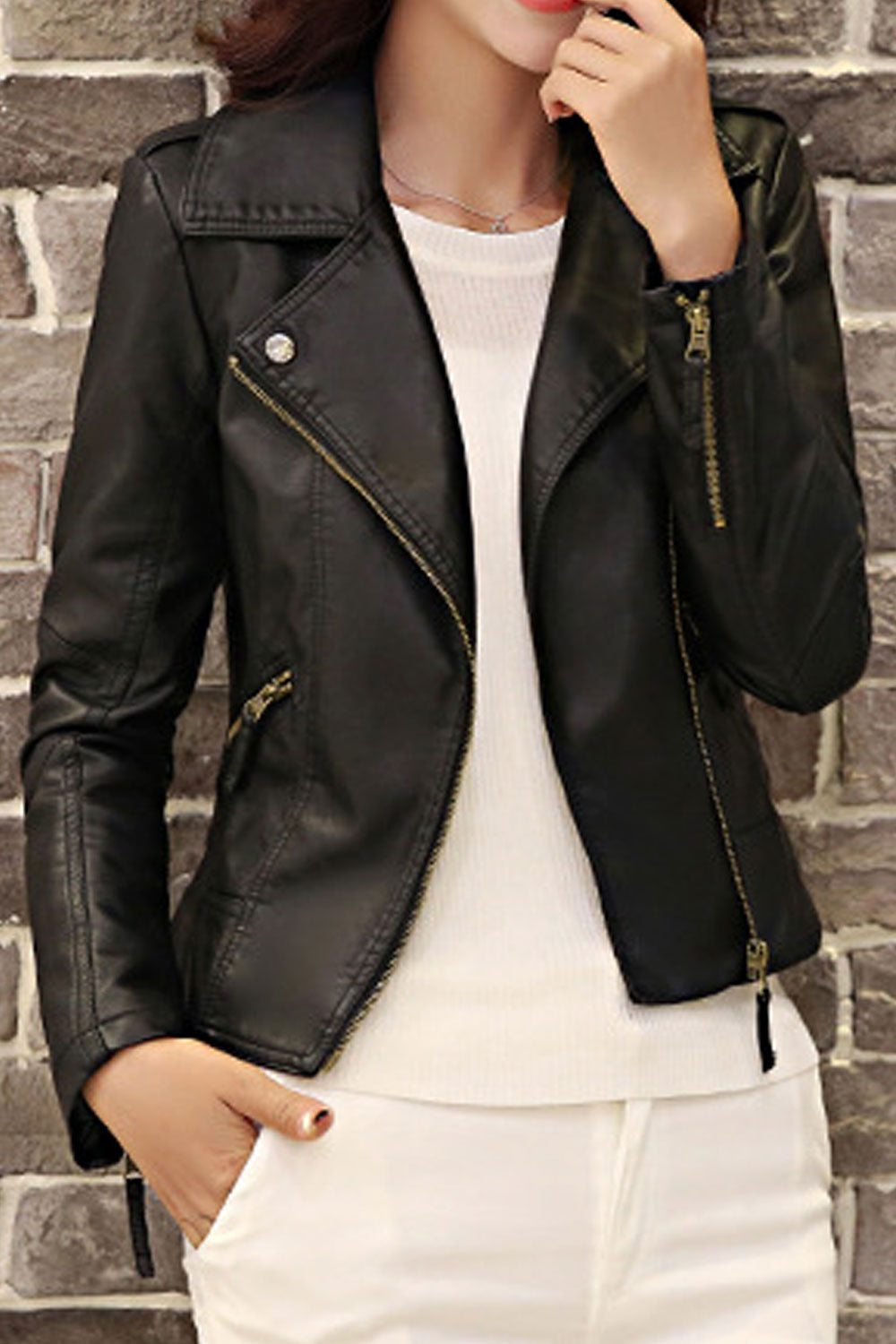 Women Slim Fit Style Women Slim Fit Style Lapel Collar Loose Long Zipper Sleeves Side Zippered Pocket Stunning Winter Leather Ja