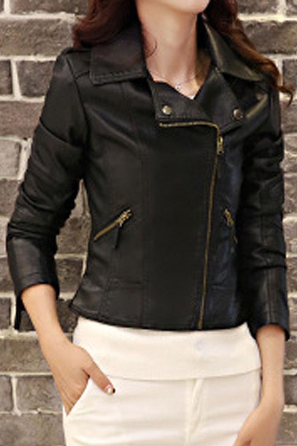 Women Slim Fit Style Women Slim Fit Style Lapel Collar Loose Long Zipper Sleeves Side Zippered Pocket Stunning Winter Leather Ja
