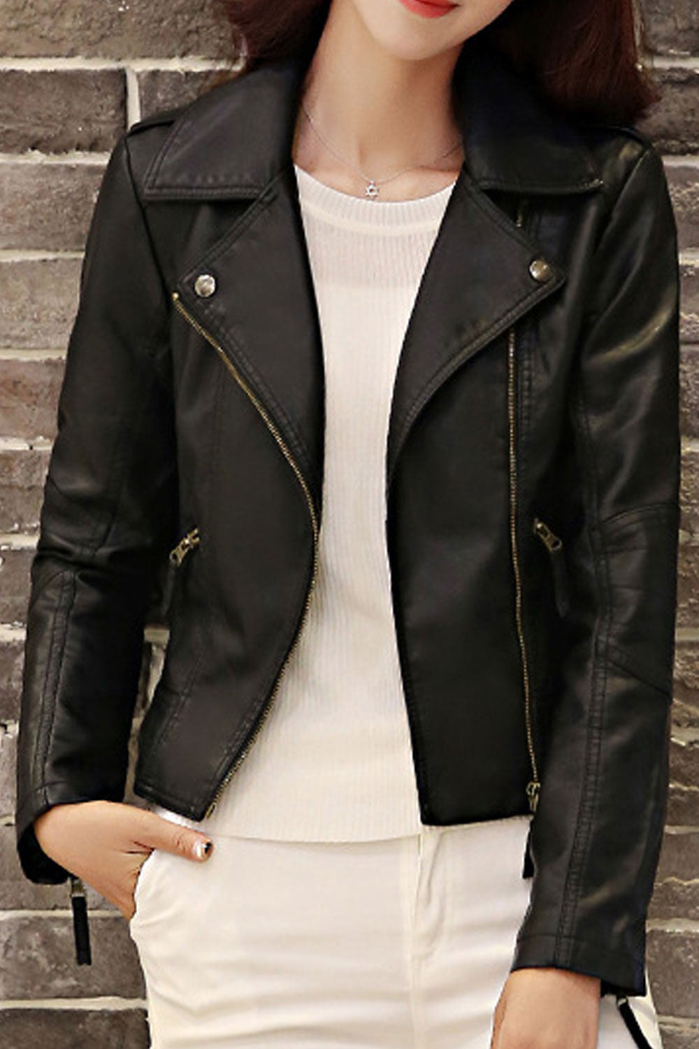 Women Slim Fit Style Women Slim Fit Style Lapel Collar Loose Long Zipper Sleeves Side Zippered Pocket Stunning Winter Leather Ja