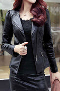 Women Slim Fit Style Lapel Collar Loose Long Sleeves Side Zippered Pocket Stunning Winter Leather Jacket
