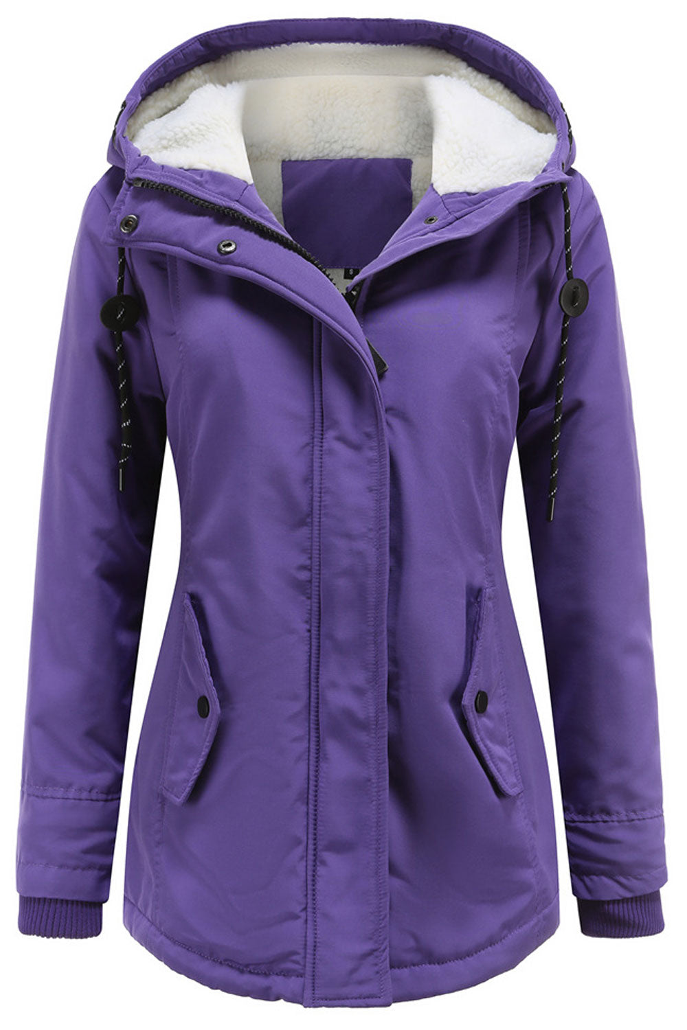 Women Aesthetic Drawstring Hooded Neck Stretchable Cuff & Straight Flap Pocket Cozy Winter Padded Jacket