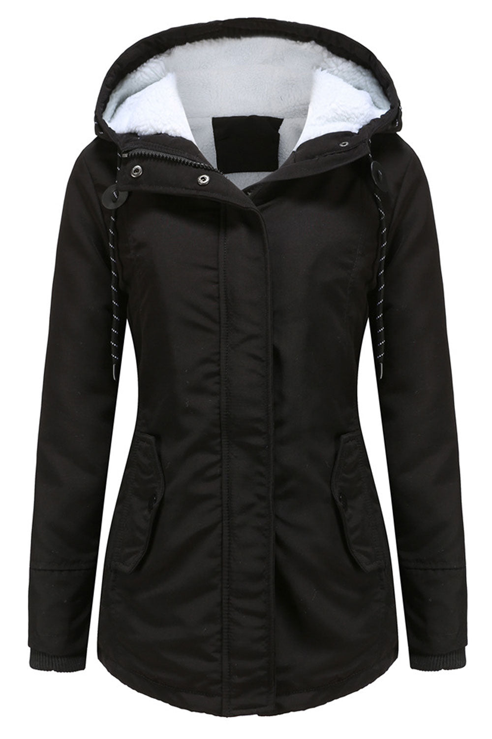 Women Aesthetic Drawstring Hooded Neck Stretchable Cuff & Straight Flap Pocket Cozy Winter Padded Jacket