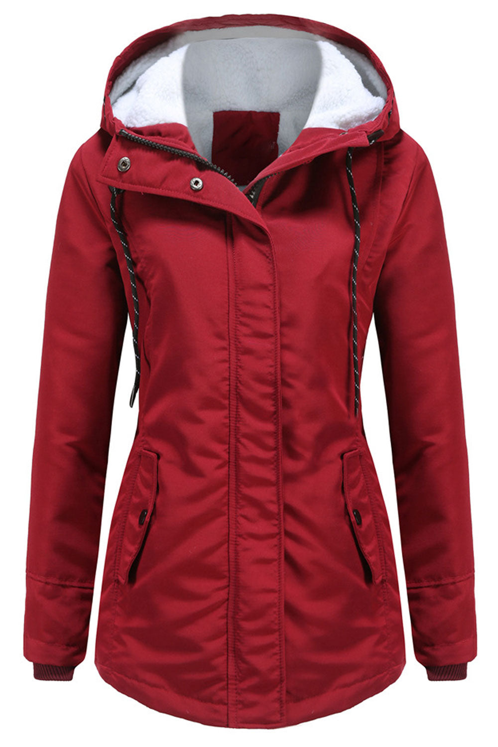 Women Aesthetic Drawstring Hooded Neck Stretchable Cuff & Straight Flap Pocket Cozy Winter Padded Jacket
