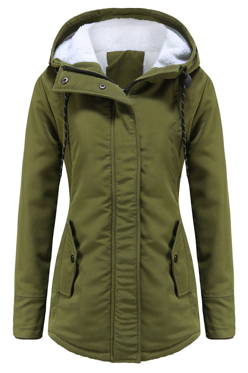 Women Aesthetic Drawstring Hooded Neck Stretchable Cuff & Straight Flap Pocket Cozy Winter Padded Jacket