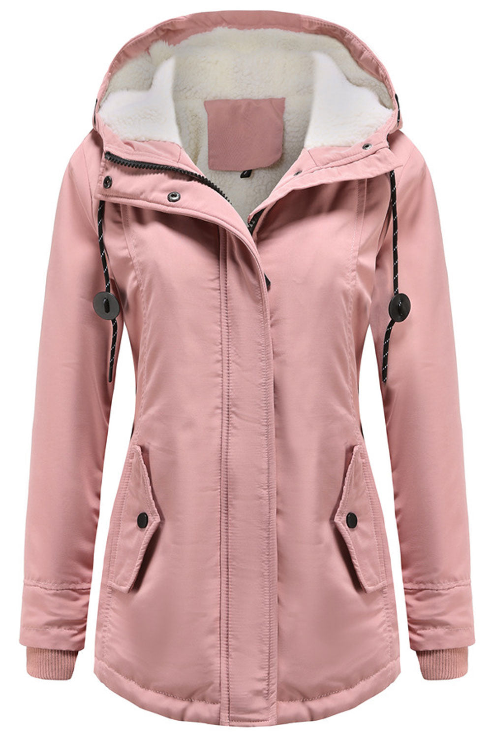 Women Aesthetic Drawstring Hooded Neck Stretchable Cuff & Straight Flap Pocket Cozy Winter Padded Jacket