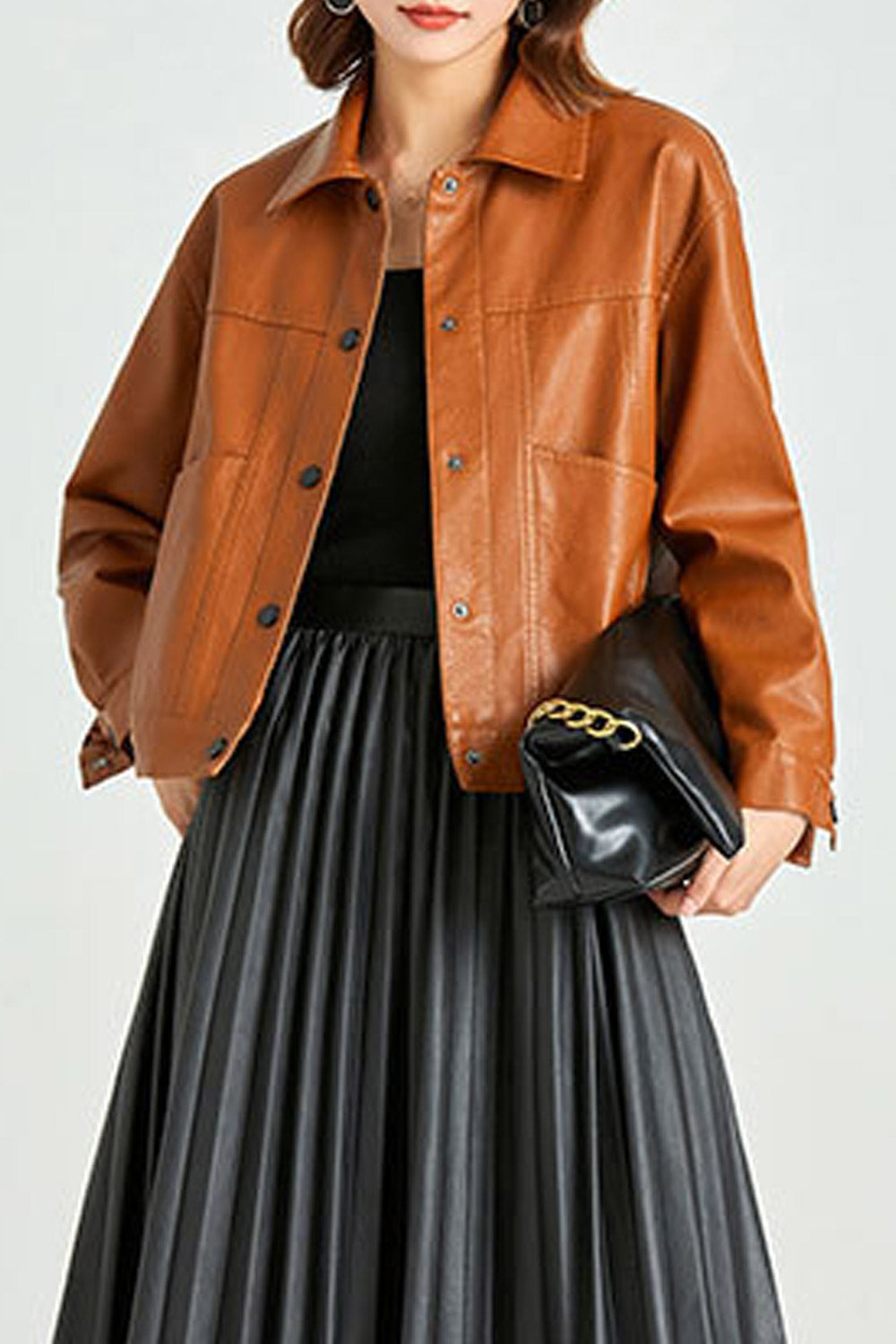 Women Superb Styled Collar Neck Buttoned Fastener Patch Pocket & Buttoned Cuff Short Length Winter Leather Jacket