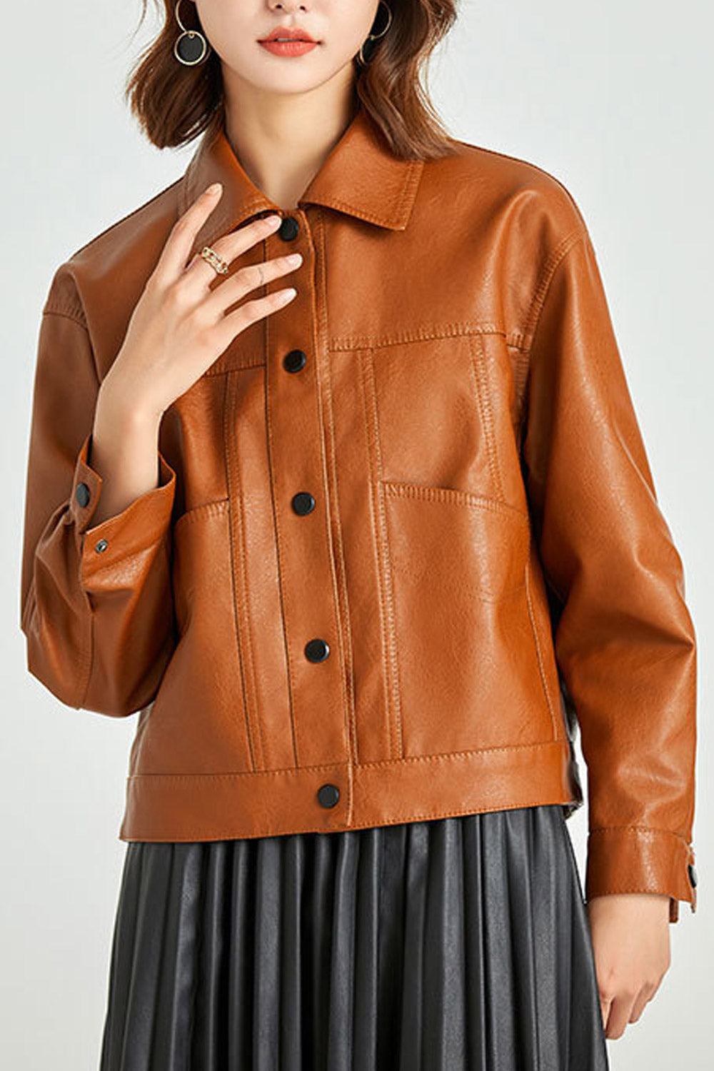 Women Superb Styled Collar Neck Buttoned Fastener Patch Pocket & Buttoned Cuff Short Length Winter Leather Jacket