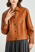 Women Superb Styled Collar Neck Buttoned Fastener Patch Pocket & Buttoned Cuff Short Length Winter Leather Jacket