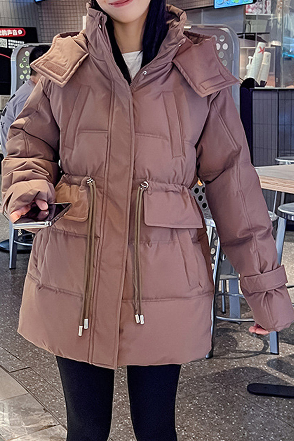 Women Heart Melting Hooded Neck Velcro Strap Sleeves Drawstring Waist Flap Pocket Mid Length Thick Warm Winter Padded Jacket