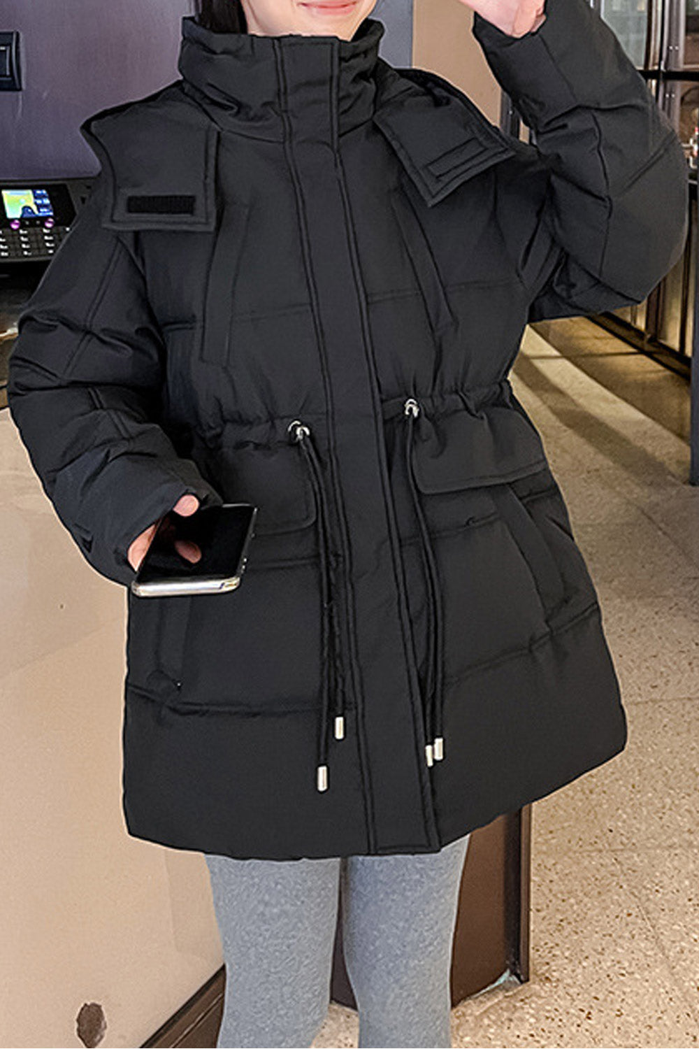 Women Heart Melting Hooded Neck Velcro Strap Sleeves Drawstring Waist Flap Pocket Mid Length Thick Warm Winter Padded Jacket