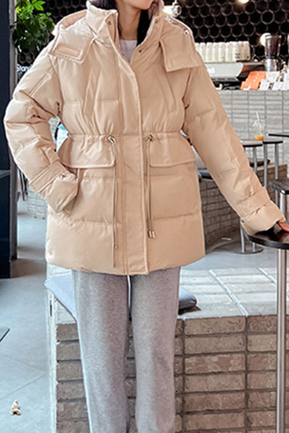 Women Heart Melting Hooded Neck Velcro Strap Sleeves Drawstring Waist Flap Pocket Mid Length Thick Warm Winter Padded Jacket