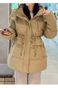 Women Heart Melting Hooded Neck Velcro Strap Sleeves Drawstring Waist Flap Pocket Mid Length Thick Warm Winter Padded Jacket