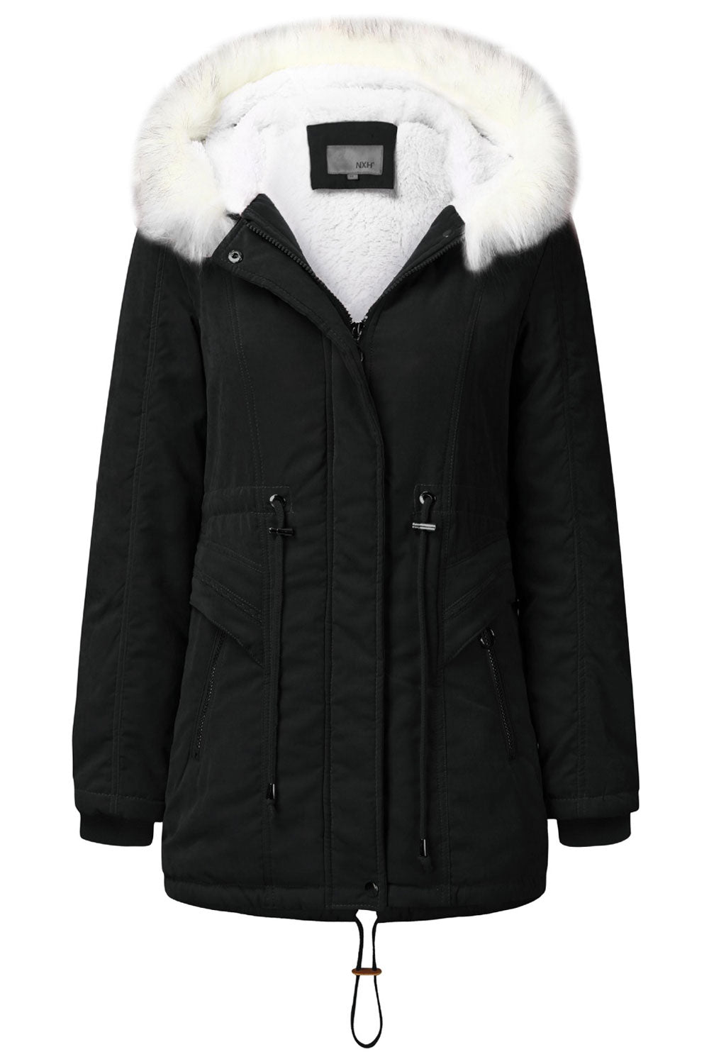 Women Fascinating Front Zip Closure Fluffy Hooded Neck Moveable Drawstring Waist & Side Zip Pocket Cozy Winter Padded Jacket