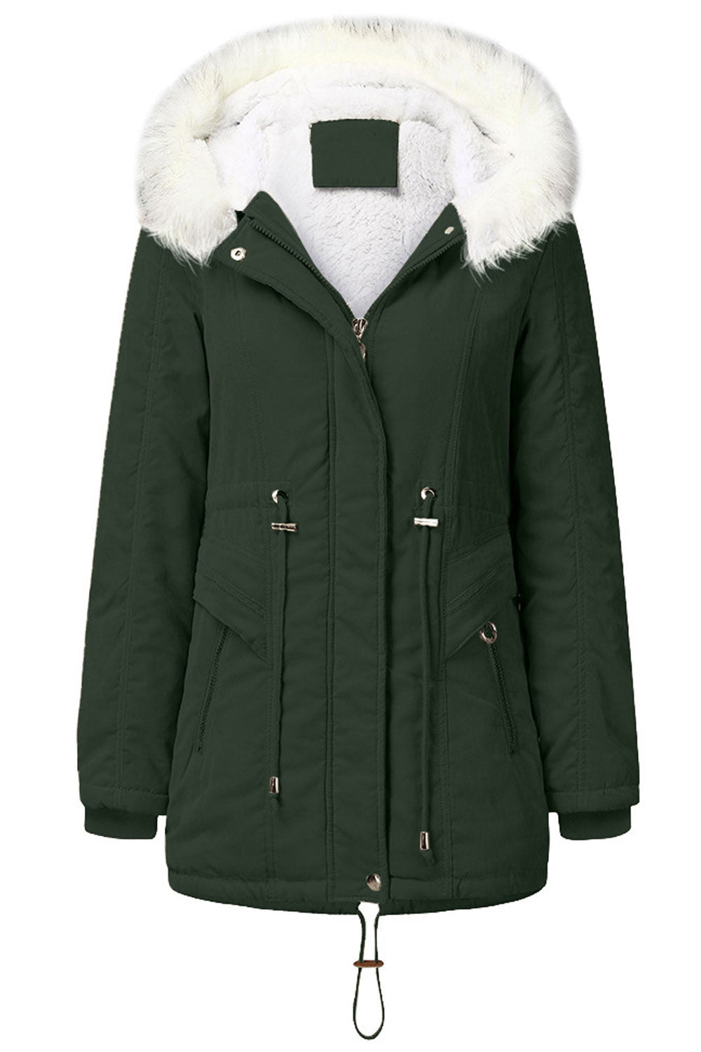 Women Fascinating Front Zip Closure Fluffy Hooded Neck Moveable Drawstring Waist & Side Zip Pocket Cozy Winter Padded Jacket