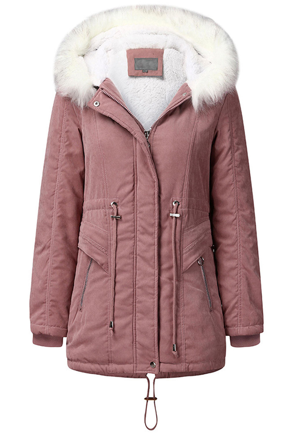 Women Fascinating Front Zip Closure Fluffy Hooded Neck Moveable Drawstring Waist & Side Zip Pocket Cozy Winter Padded Jacket