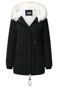 Women Fascinating Front Zip Closure Fluffy Hooded Neck Moveable Drawstring Waist & Side Zip Pocket Cozy Winter Padded Jacket