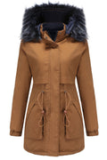Women Modish Fluffy Contrast Hooded Neck Buttoned Cuff Drawstring Waist Side Patch Pocket Mid-Length Comfy Winter Padded Jacket