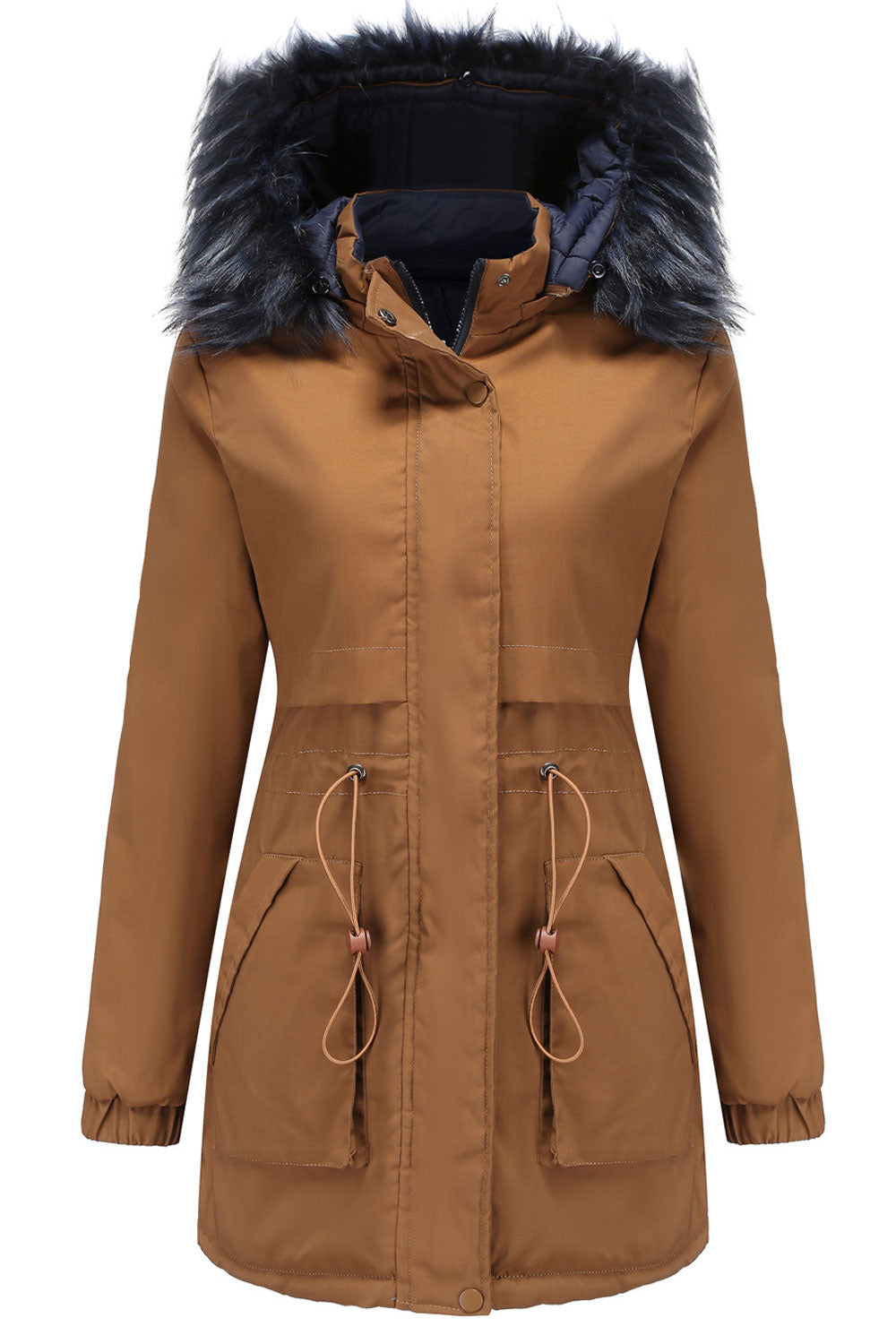 Women Modish Fluffy Contrast Hooded Neck Buttoned Cuff Drawstring Waist Side Patch Pocket Mid-Length Comfy Winter Padded Jacket