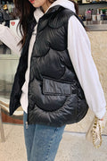 Women Eye- Soothing Big Baffle Style Stand Collar Neck Flap Pocket & Sleeveless Front Zip Fastener Loose Thick Winter Padded Jac