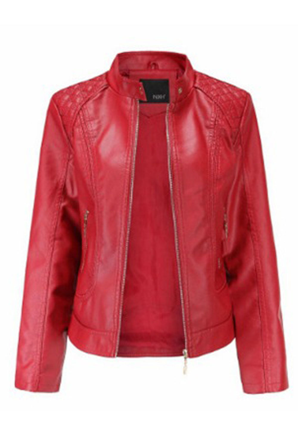 Women Graceful Stand Up Collar Front Zip Closure & Side Straight Zip Pocket Dilute Winter Leather Jacket