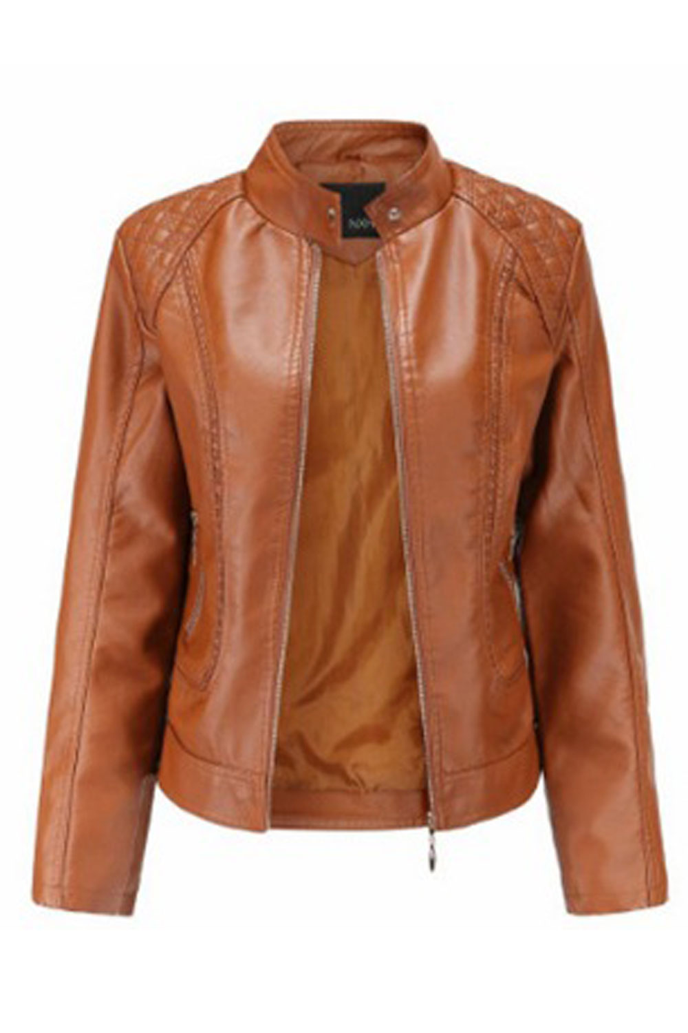 Women Graceful Stand Up Collar Front Zip Closure & Side Straight Zip Pocket Dilute Winter Leather Jacket