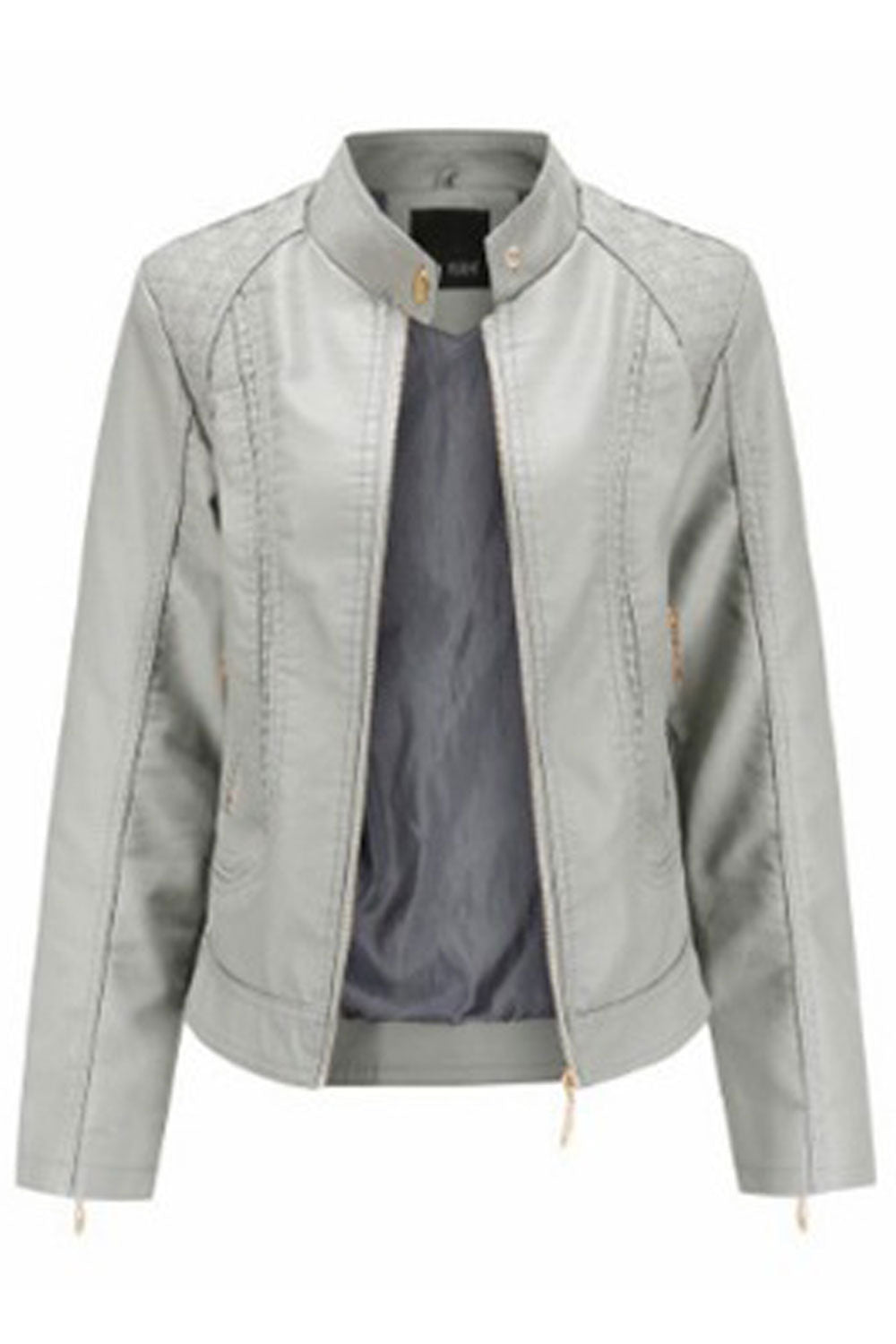 Women Graceful Stand Up Collar Front Zip Closure & Side Straight Zip Pocket Dilute Winter Leather Jacket