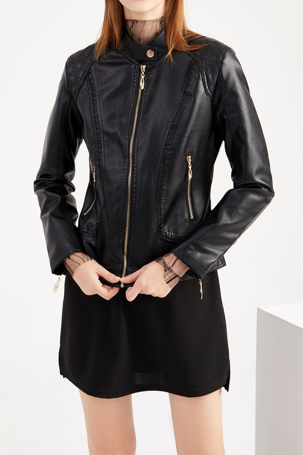 Women Graceful Stand Up Collar Front Zip Closure & Side Straight Zip Pocket Dilute Winter Leather Jacket