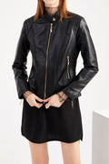 Women Graceful Stand Up Collar Front Zip Closure & Side Straight Zip Pocket Dilute Winter Leather Jacket