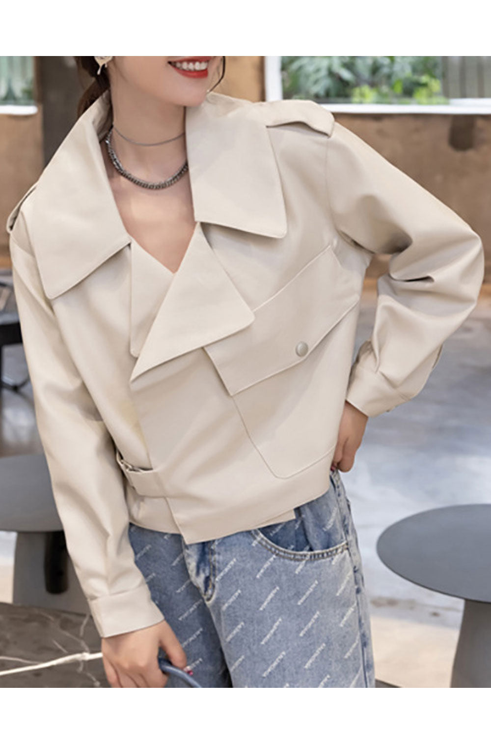 Women Super Model Styled Lapel Collar Buttoned Cuff Half Waist Belt & Buckle & Flap Closure Pocket Winter Leather Jacket