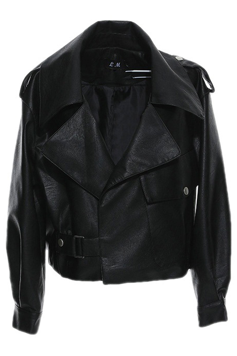 Women Super Model Styled Lapel Collar Buttoned Cuff Half Waist Belt & Buckle & Flap Closure Pocket Winter Leather Jacket