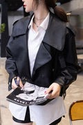 Women Super Model Styled Lapel Collar Buttoned Cuff Half Waist Belt & Buckle & Flap Closure Pocket Winter Leather Jacket