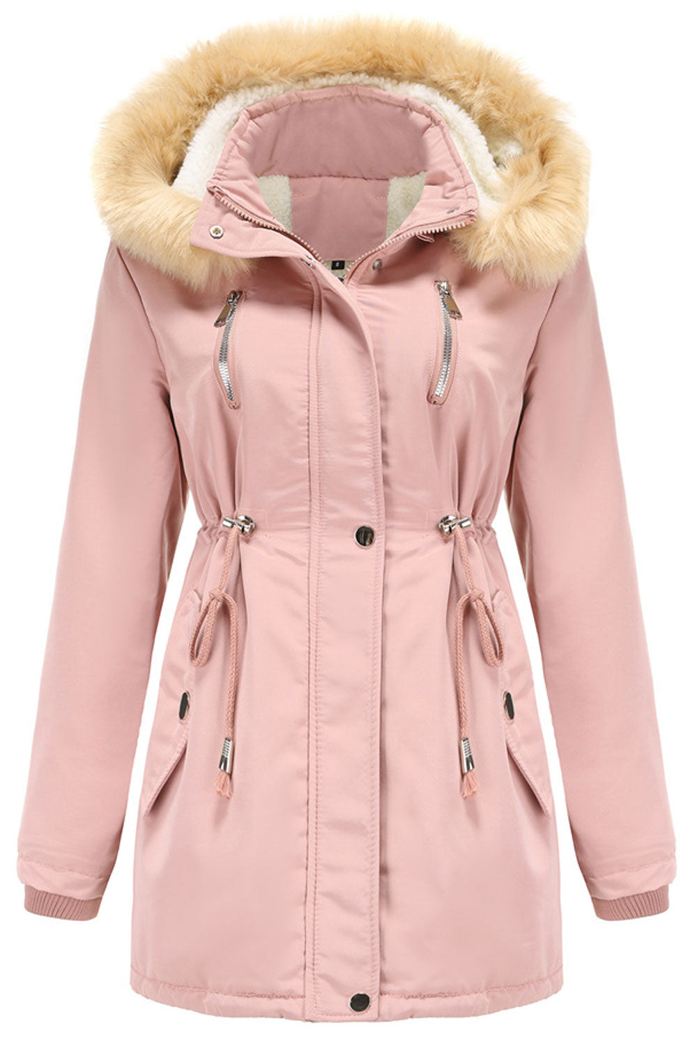 Women Contrast Cozy Hooded Neck Knitted Ribbed Cuff Drawstring Waist Side Flap Pocket & Front Zip Fastener Soft Winter Padded Ja
