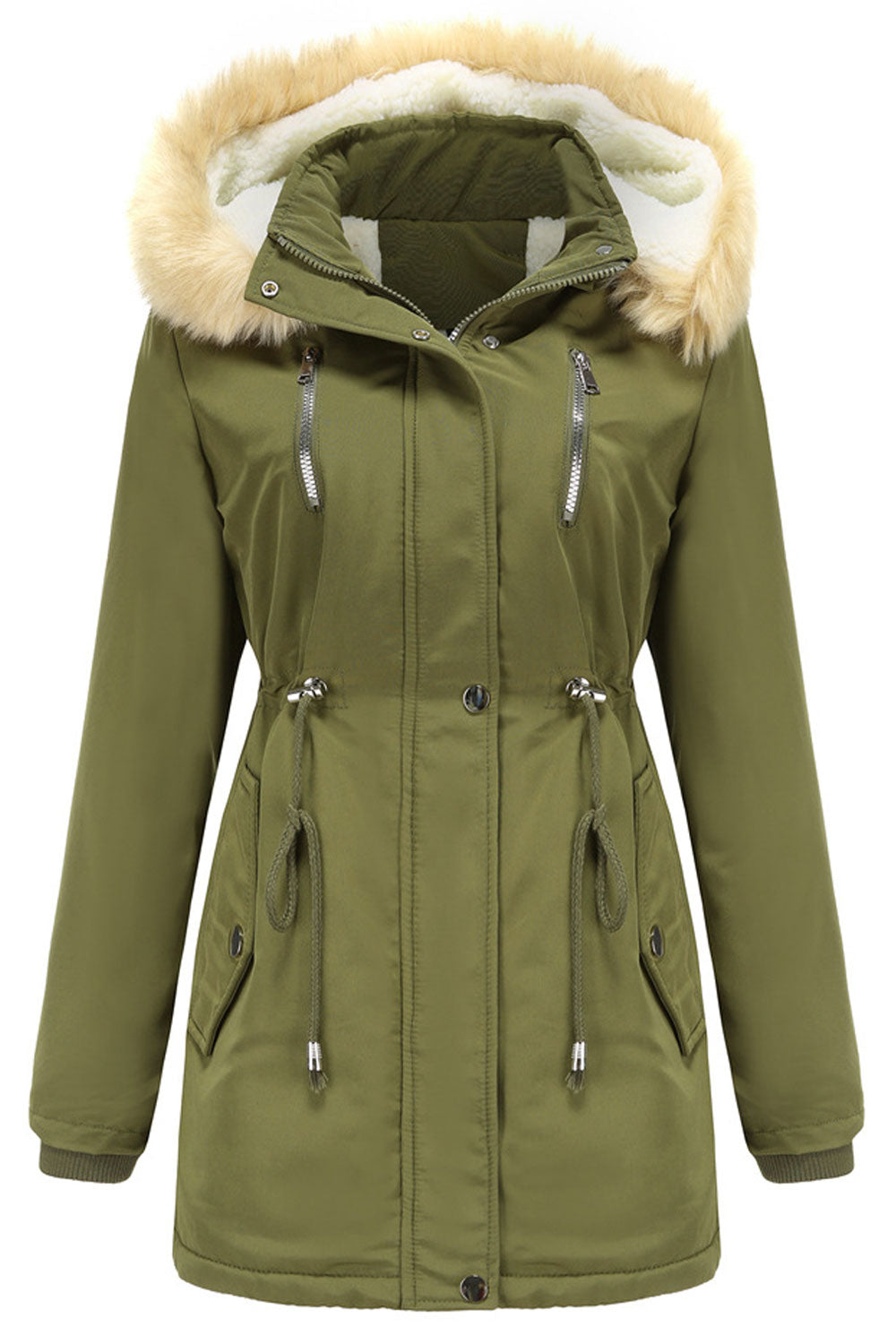 Women Contrast Cozy Hooded Neck Knitted Ribbed Cuff Drawstring Waist Side Flap Pocket & Front Zip Fastener Soft Winter Padded Ja