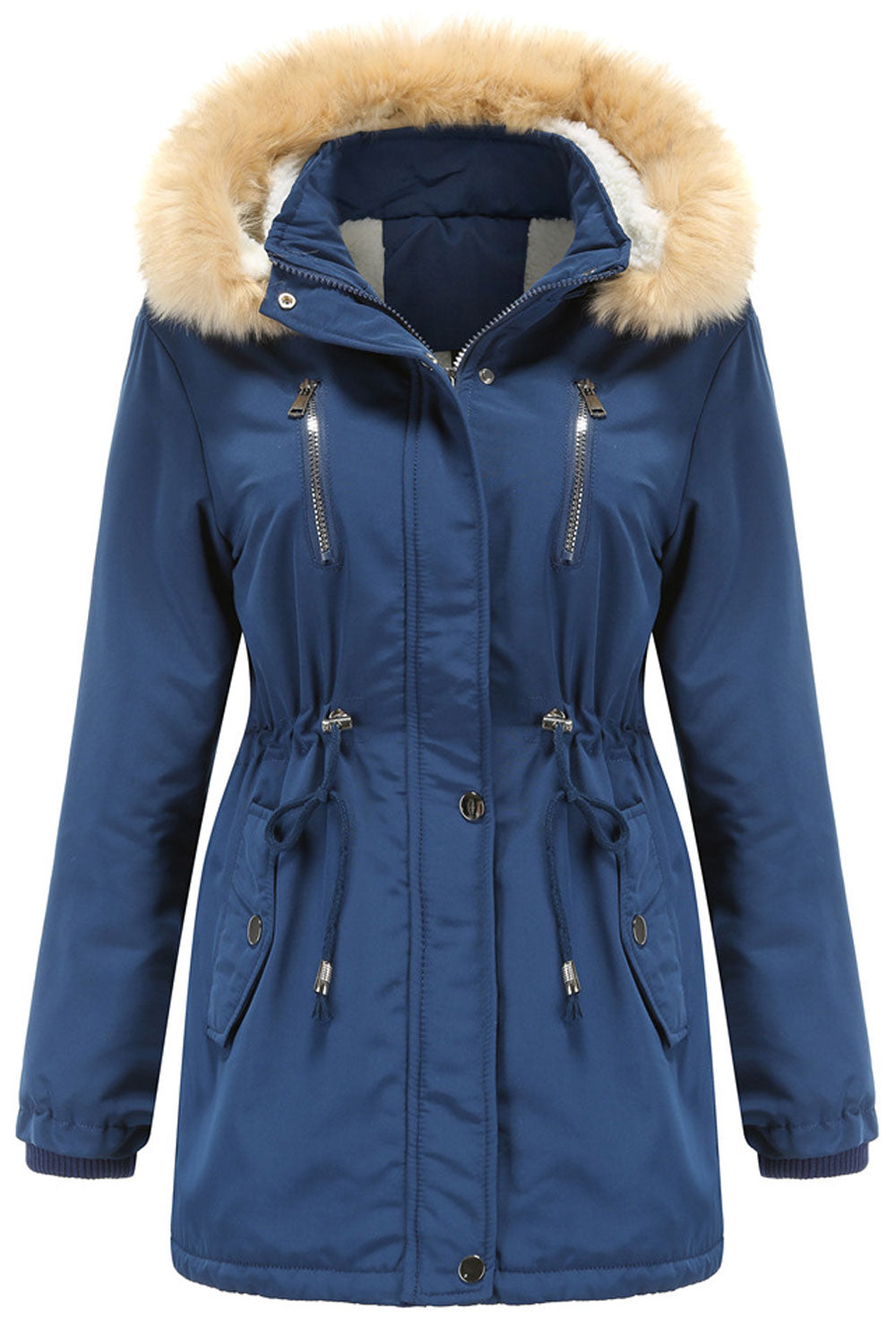 Women Contrast Cozy Hooded Neck Knitted Ribbed Cuff Drawstring Waist Side Flap Pocket & Front Zip Fastener Soft Winter Padded Ja