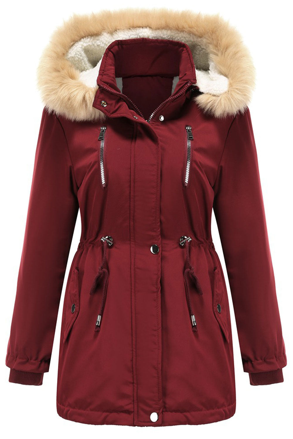 Women Contrast Cozy Hooded Neck Knitted Ribbed Cuff Drawstring Waist Side Flap Pocket & Front Zip Fastener Soft Winter Padded Ja