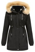 Women Contrast Cozy Hooded Neck Knitted Ribbed Cuff Drawstring Waist Side Flap Pocket & Front Zip Fastener Soft Winter Padded Ja