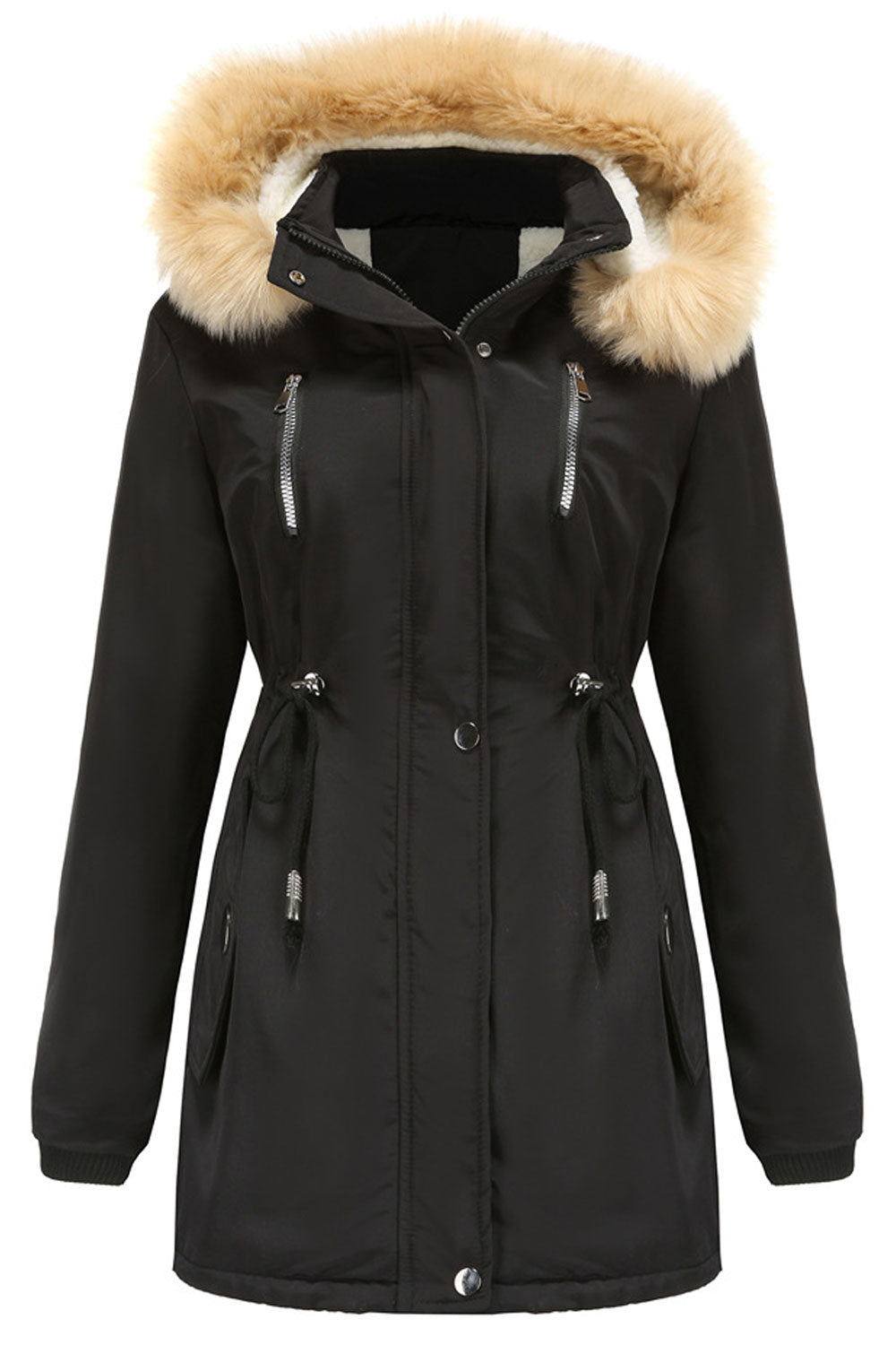 Women Contrast Cozy Hooded Neck Knitted Ribbed Cuff Drawstring Waist Side Flap Pocket & Front Zip Fastener Soft Winter Padded Ja