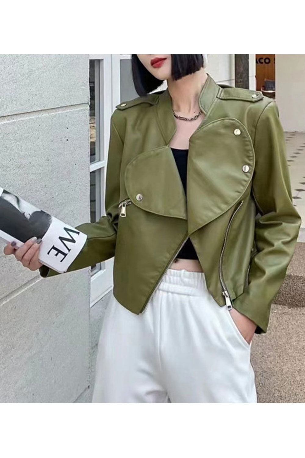 Women Different Style Lapel Collar Cross Zip Fastener Easy Long Sleeves Moveable Zippered Pocket Short Loose Winter Leather Jack