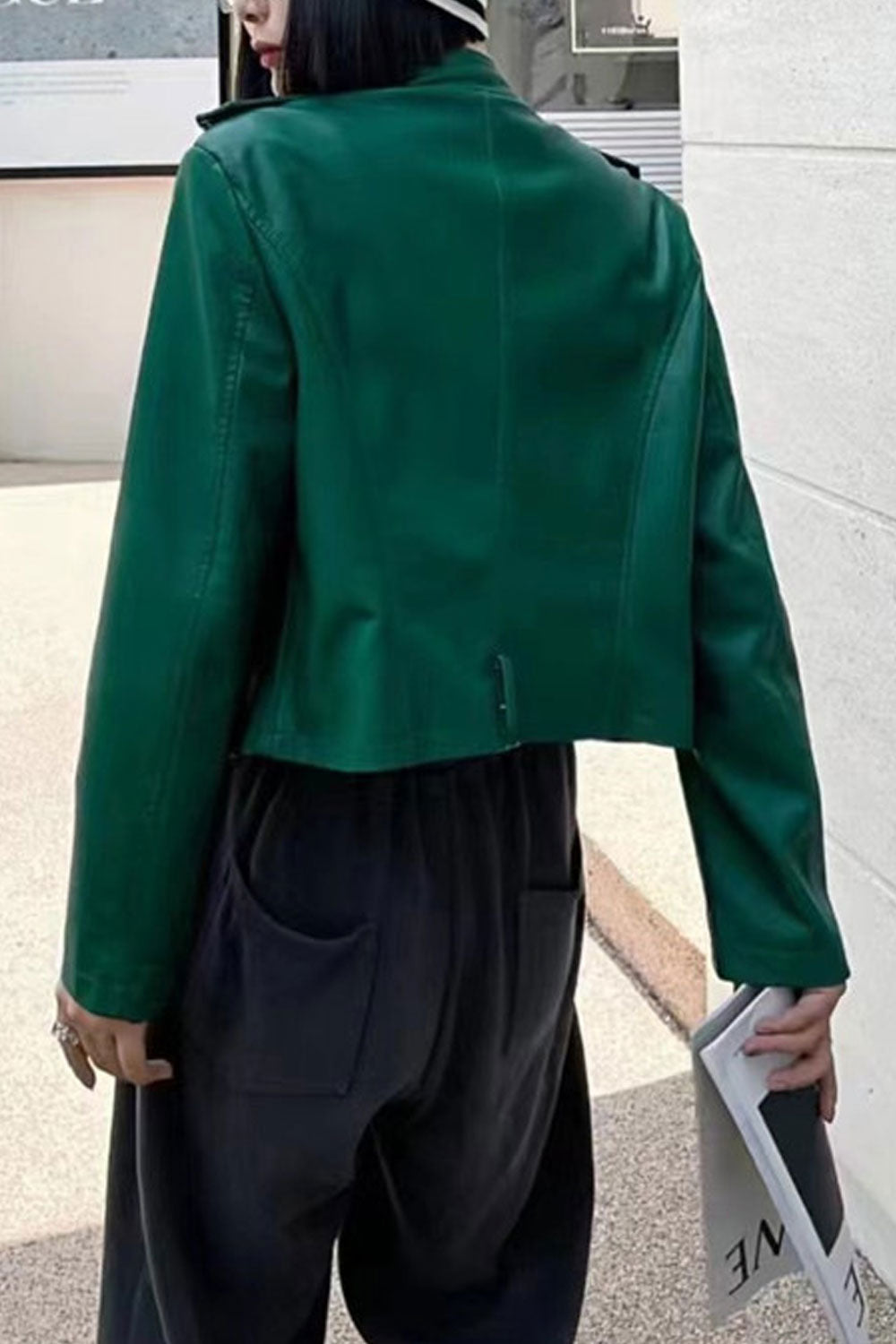 Women Different Style Lapel Collar Cross Zip Fastener Easy Long Sleeves Moveable Zippered Pocket Short Loose Winter Leather Jack