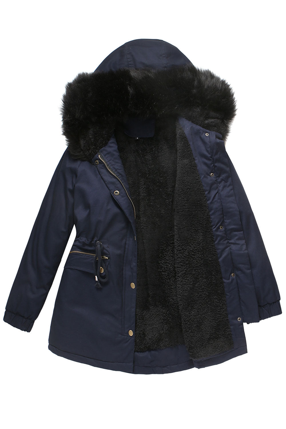 Women Charming Fluffy Hooded Neck Zippered Pocket Stretchable Cuff & Buttoned Fastener Drawstring Waist Winter Padded Jacket
