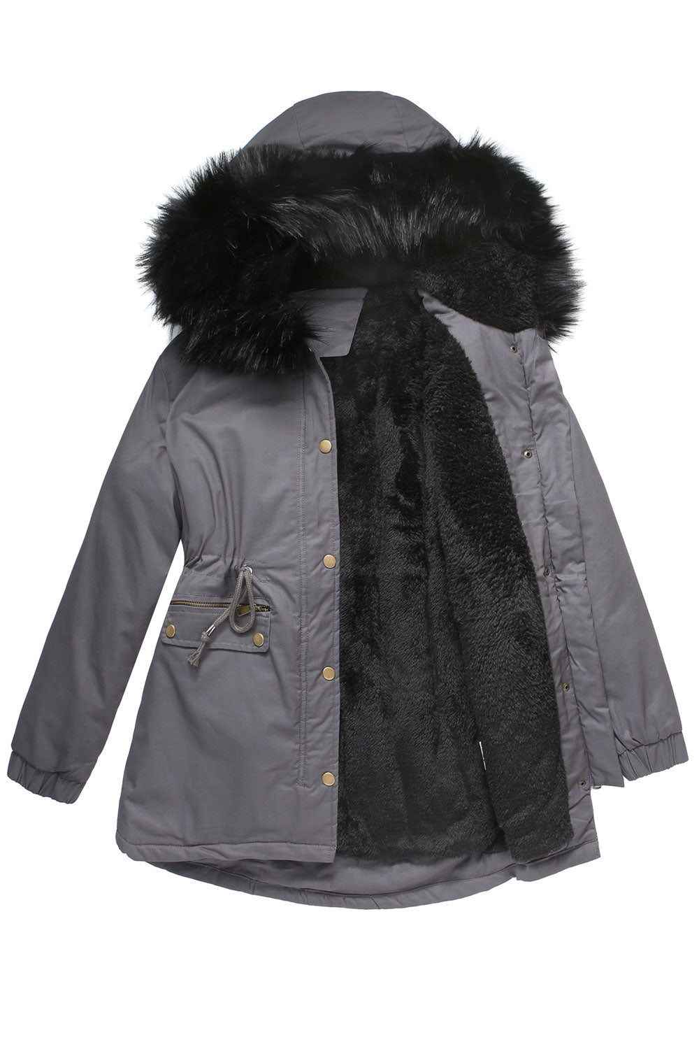 Women Charming Fluffy Hooded Neck Zippered Pocket Stretchable Cuff & Buttoned Fastener Drawstring Waist Winter Padded Jacket