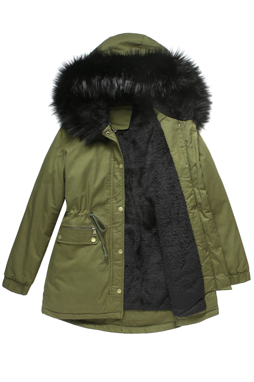 Women Charming Fluffy Hooded Neck Zippered Pocket Stretchable Cuff & Buttoned Fastener Drawstring Waist Winter Padded Jacket