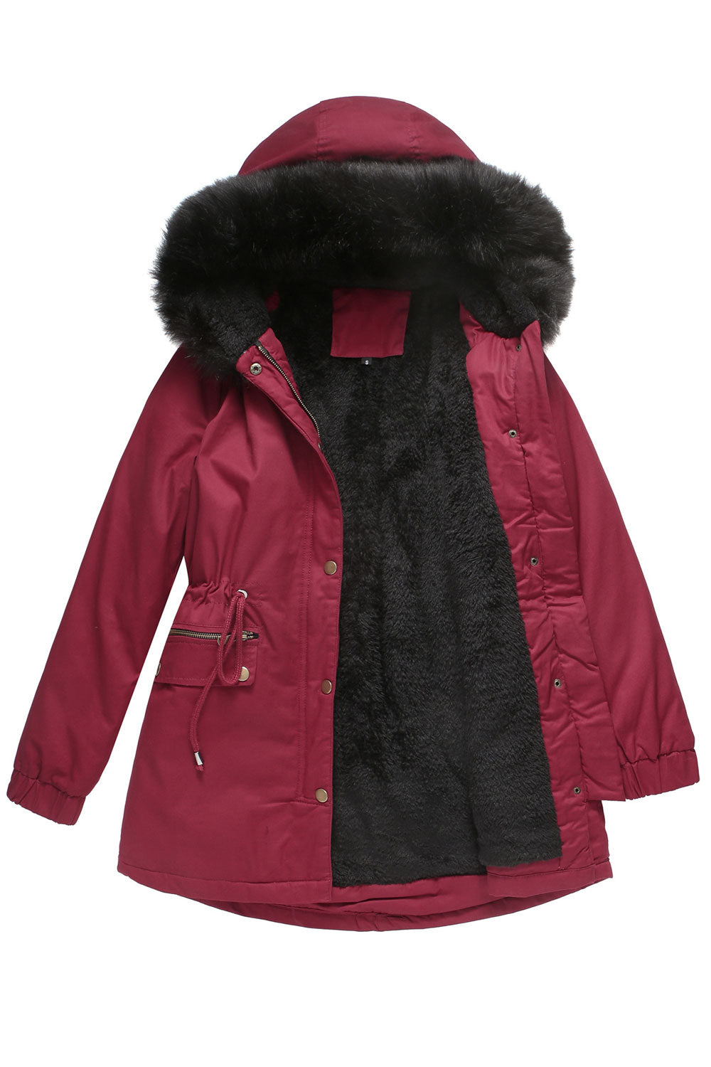Women Charming Fluffy Hooded Neck Zippered Pocket Stretchable Cuff & Buttoned Fastener Drawstring Waist Winter Padded Jacket