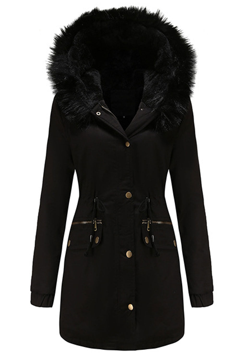 Women Charming Fluffy Hooded Neck Zippered Pocket Stretchable Cuff & Buttoned Fastener Drawstring Waist Winter Padded Jacket