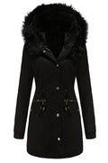 Women Charming Fluffy Hooded Neck Zippered Pocket Stretchable Cuff & Buttoned Fastener Drawstring Waist Winter Padded Jacket